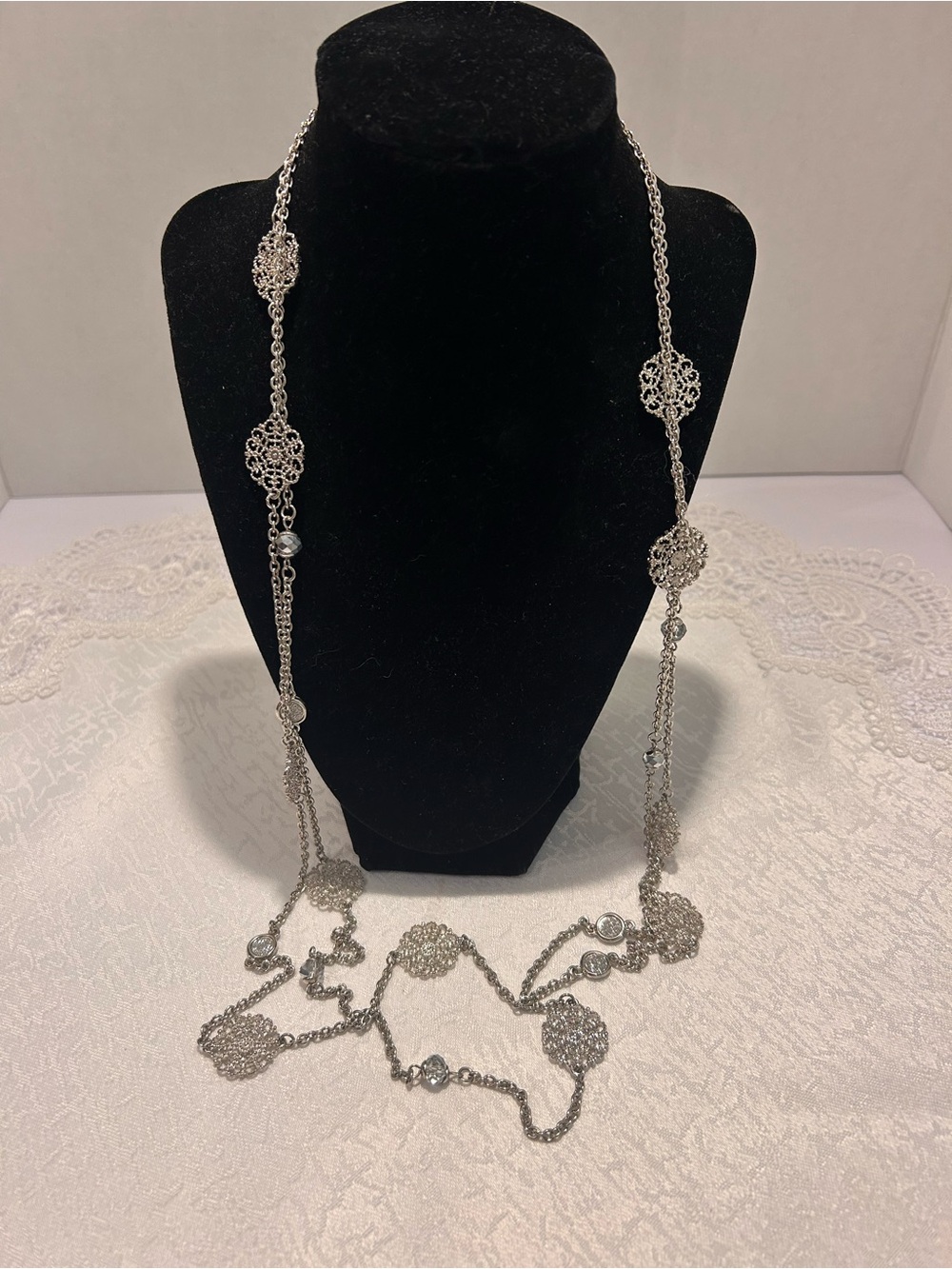 Vintage Silver Tone Filigree Flower Station Long Layering Necklace 34”